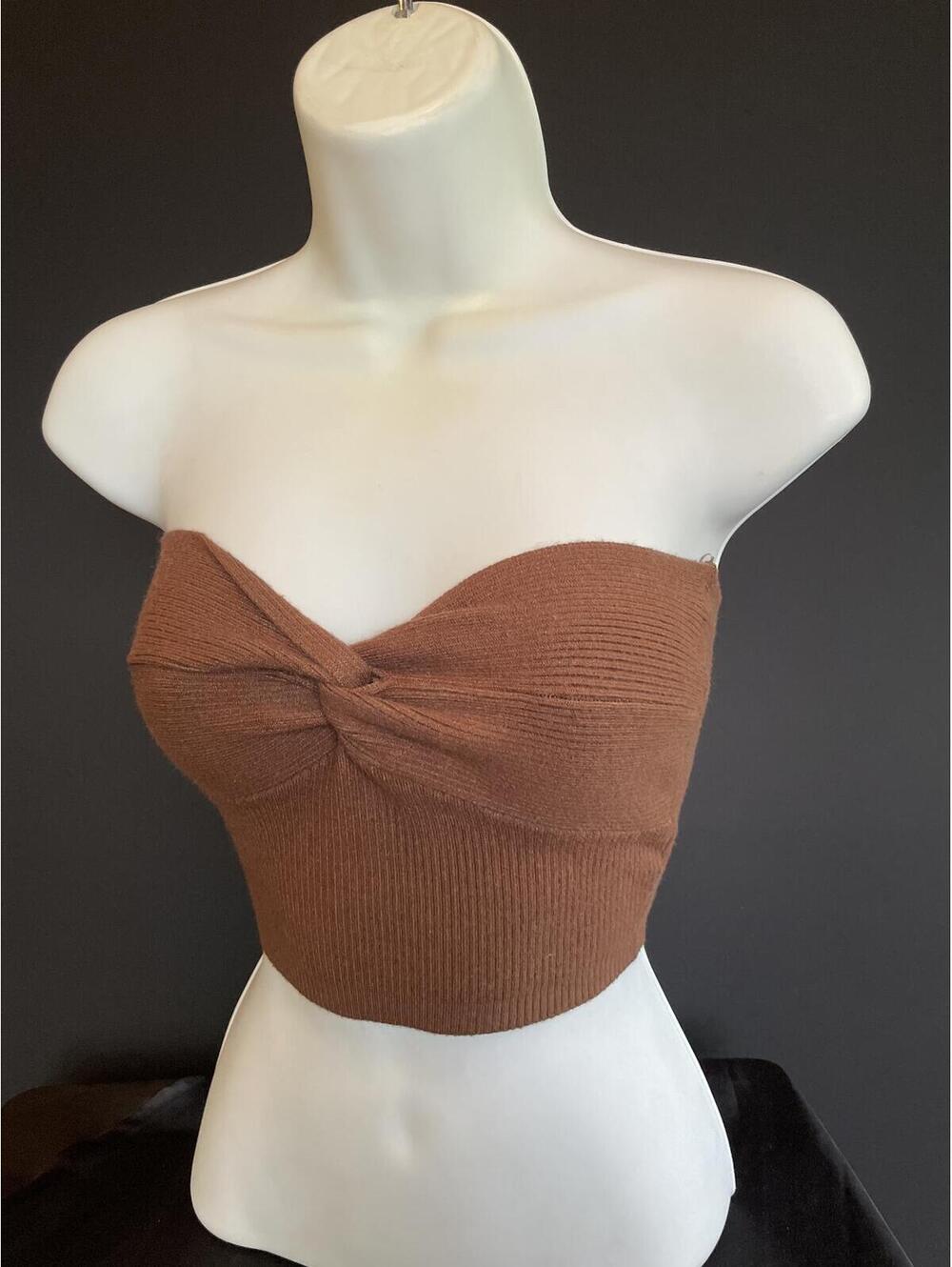 Princess Polly Brown Ribbed Twist Front Strapless Crop Top XS/S Indie Sleaze Y2K